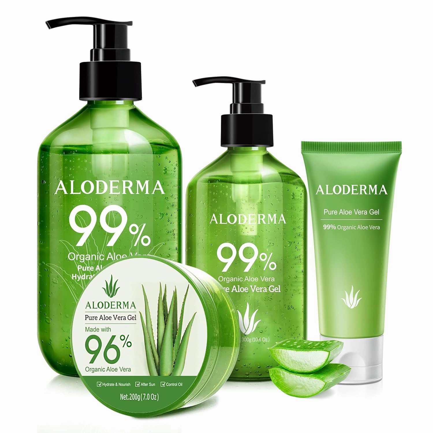 Aloderma Aloe Vera Gel Set, 4 Pieces - 500g Aloe Vera Gel, 300g Aloe Vera Gel, 200g Aloe Vera Gel, 45g Aloe Vera Gel