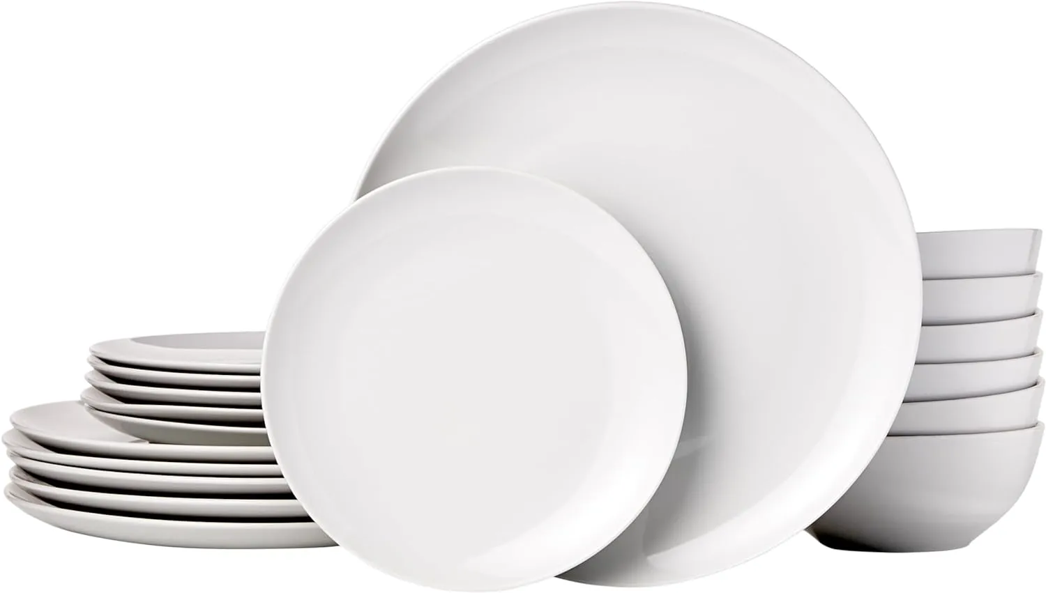 Amazon Basics Dinnerware Set, Microwave and Dishwasher Safe, Service for 6, 18-Piece Complete Kitchen, Plates, Dishes, Bowls, White Porcelain Coupe