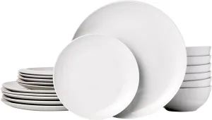 Amazon Basics Dinnerware Set, Microwave and Dishwasher Safe, Service for 6, 18-Piece Complete Kitchen, Plates, Dishes, Bowls, White Porcelain Coupe