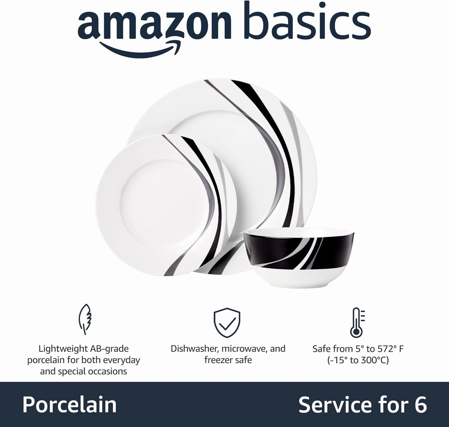 Amazon Basics 18 Pieces Dinnerware Sets, Dishes, Plates and Bowls, Service for 6, Swirl