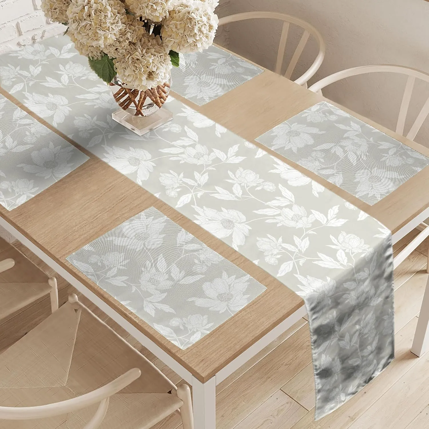 Ambesonne Floral Table Runner & Placemats, Soft Toned Flower Bouquets and Leaves Shabby Peony Blossoms Field Meadow Pattern, Set for Dining Table Decor, Placemat 4 pcs   Runner 12"x72", Dust and White