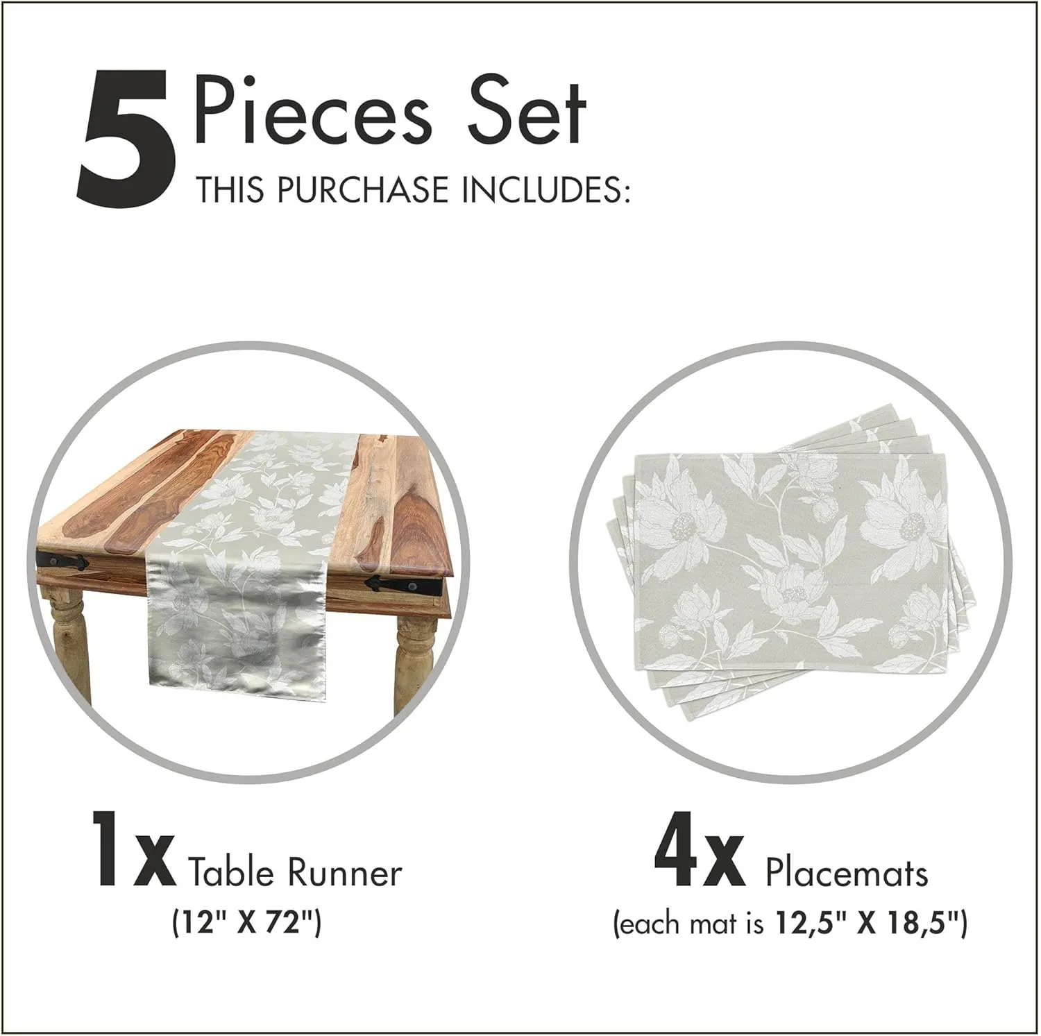 Ambesonne Floral Table Runner & Placemats, Soft Toned Flower Bouquets and Leaves Shabby Peony Blossoms Field Meadow Pattern, Set for Dining Table Decor, Placemat 4 pcs   Runner 12"x72", Dust and White