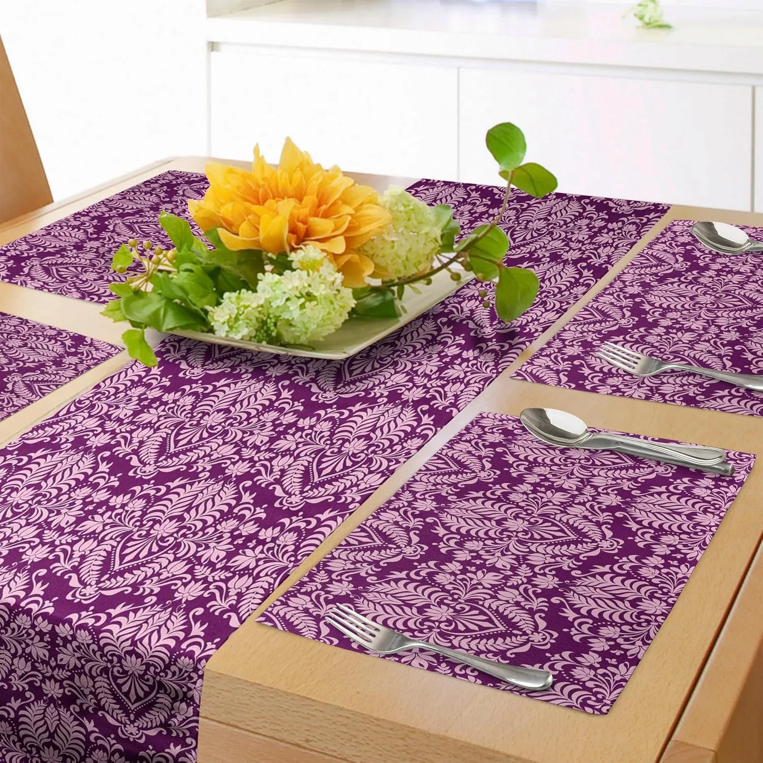 Ambesonne Victorian Table Runner & Placemats, Cheery Toned Damask Motif Flower Scrolling Branches and Leaves Rococo, Set for Dining Table Decor, Placemat 4 pcs   Runner 14"x90", Purple Pale Pink