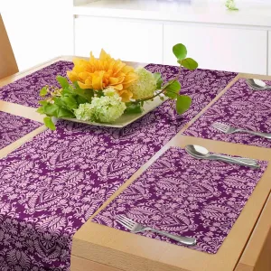 Ambesonne Victorian Table Runner & Placemats, Cheery Toned Damask Motif Flower Scrolling Branches and Leaves Rococo, Set for Dining Table Decor, Placemat 4 pcs   Runner 14"x90", Purple Pale Pink