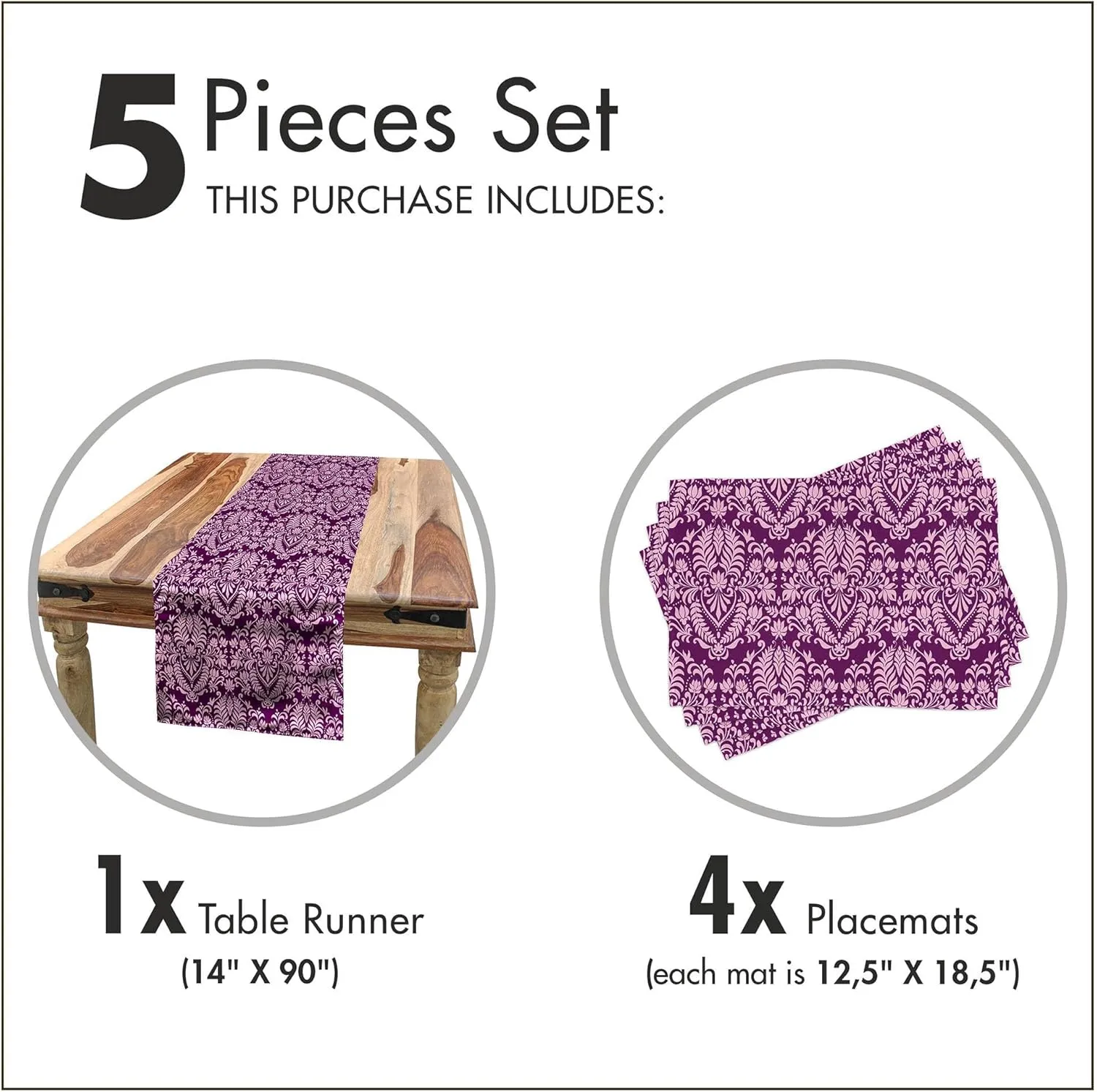 Ambesonne Victorian Table Runner & Placemats, Cheery Toned Damask Motif Flower Scrolling Branches and Leaves Rococo, Set for Dining Table Decor, Placemat 4 pcs   Runner 14"x90", Purple Pale Pink