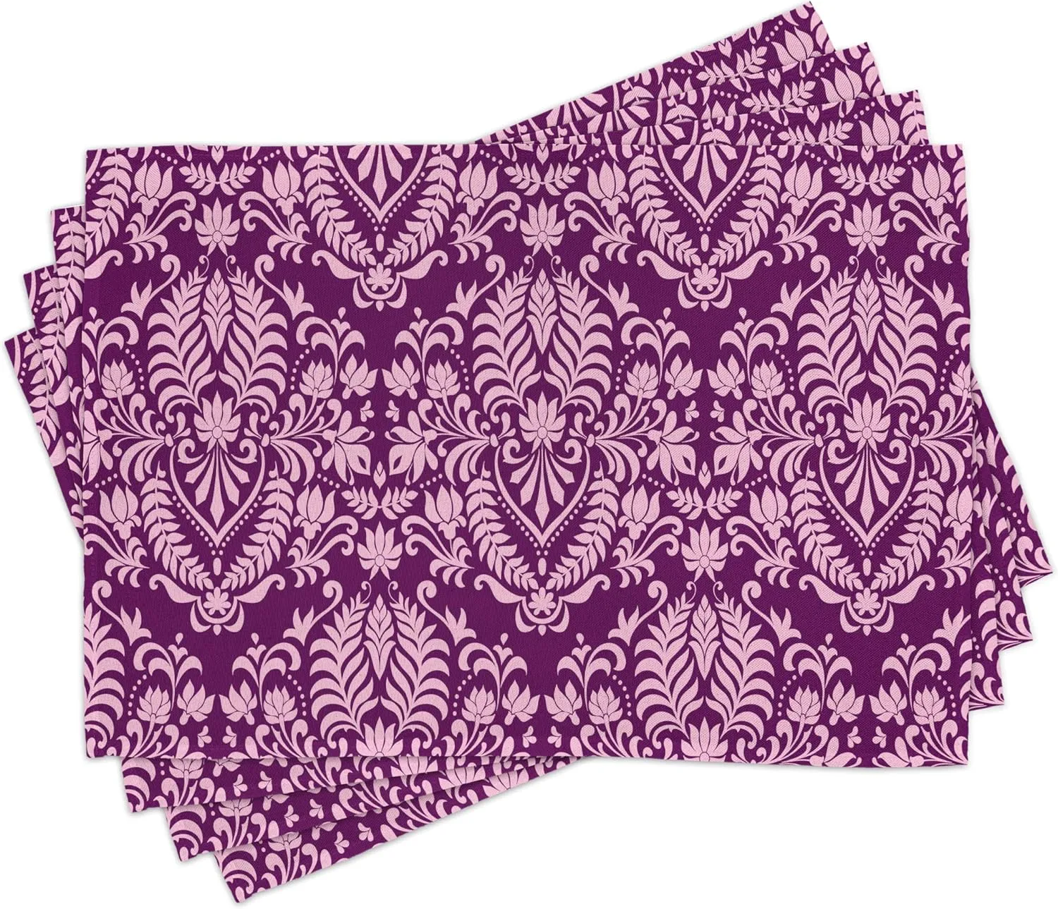 Ambesonne Victorian Table Runner & Placemats, Cheery Toned Damask Motif Flower Scrolling Branches and Leaves Rococo, Set for Dining Table Decor, Placemat 4 pcs   Runner 14"x90", Purple Pale Pink