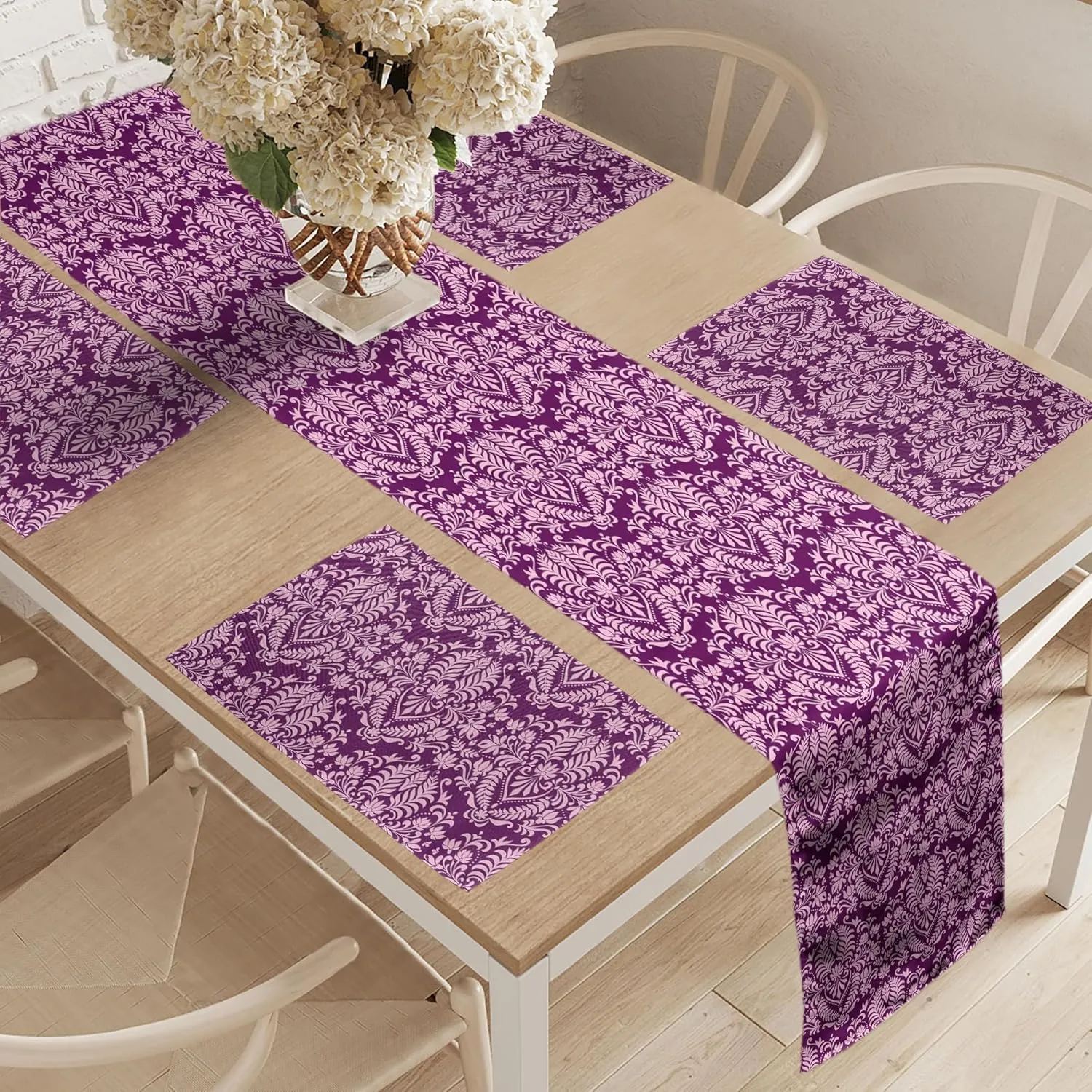 Ambesonne Victorian Table Runner & Placemats, Cheery Toned Damask Motif Flower Scrolling Branches and Leaves Rococo, Set for Dining Table Decor, Placemat 4 pcs   Runner 14"x90", Purple Pale Pink