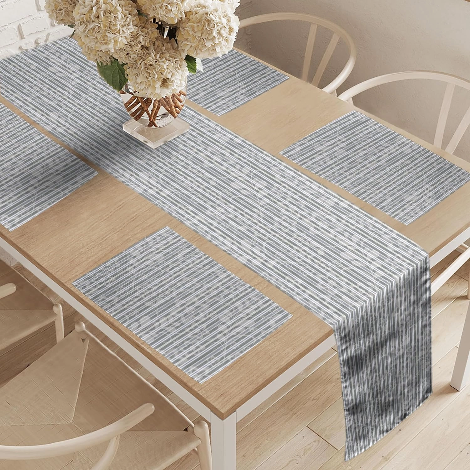 Ambesonne Grey and White Table Runner & Placemats, Floral Petals Branches and Leaves Faded Toned Abstract Blossoms Pattern, Set for Dining Table Decor, Placemat 4 pcs   Runner 12"x72", Grey