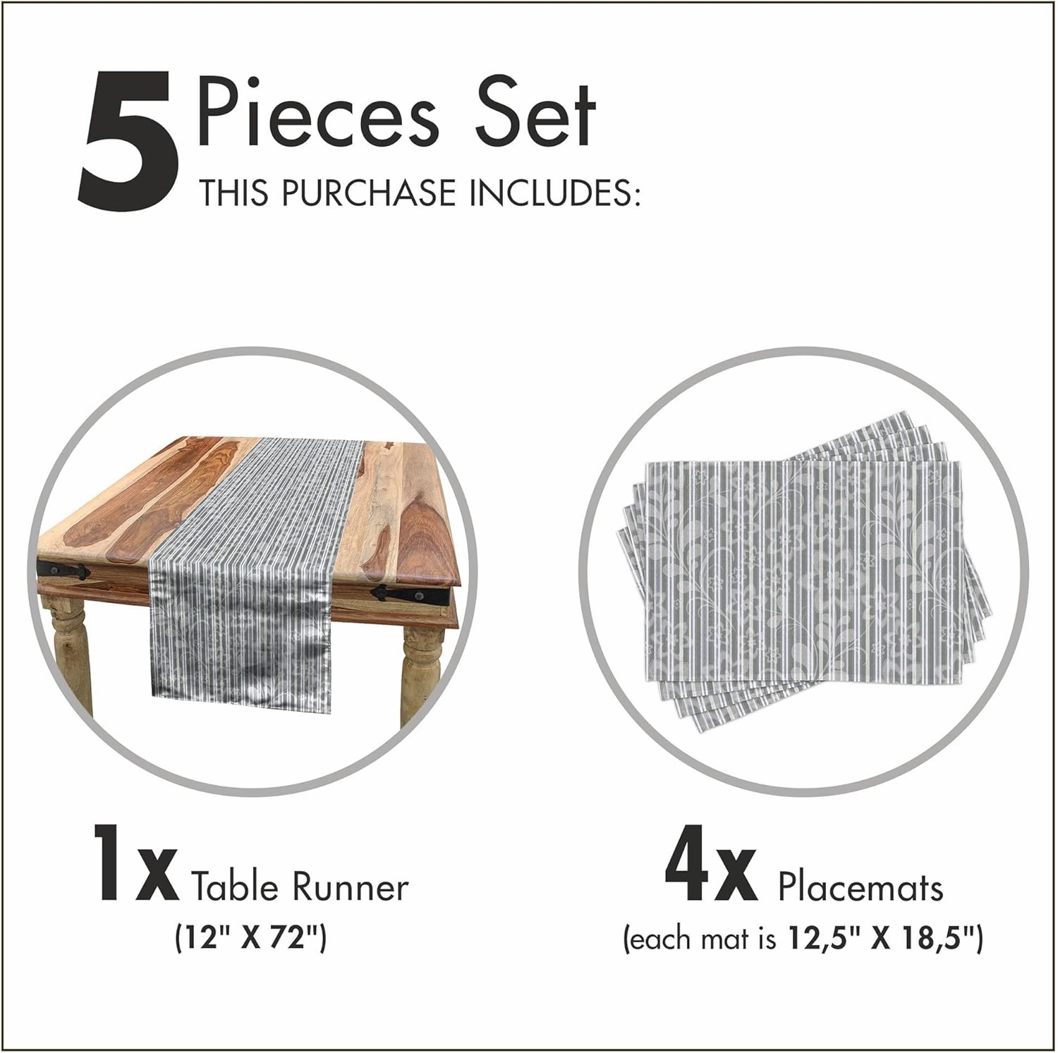 Ambesonne Grey and White Table Runner & Placemats, Floral Petals Branches and Leaves Faded Toned Abstract Blossoms Pattern, Set for Dining Table Decor, Placemat 4 pcs   Runner 12"x72", Grey