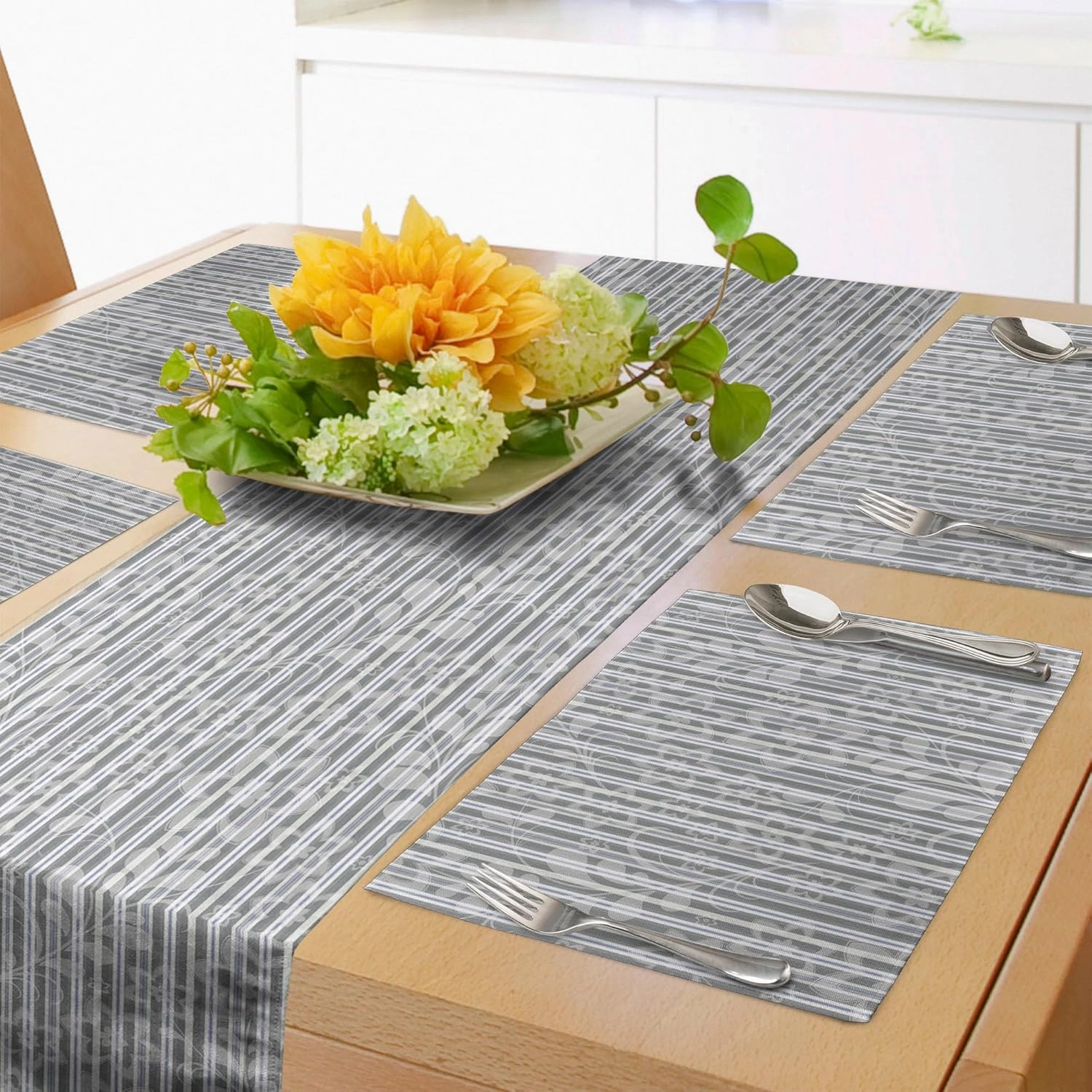 Ambesonne Grey and White Table Runner & Placemats, Floral Petals Branches and Leaves Faded Toned Abstract Blossoms Pattern, Set for Dining Table Decor, Placemat 4 pcs   Runner 12"x72", Grey