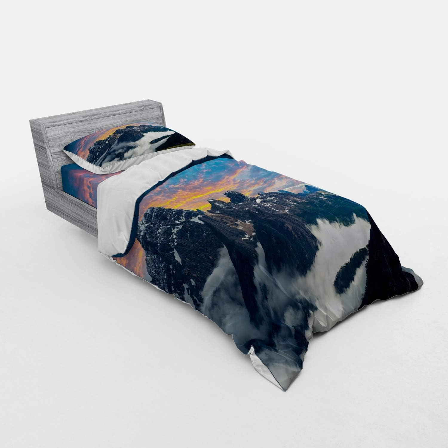 Ambesonne Mountain Duvet Cover Set, Alpine Scenery Foggy Italian Natural Park Vivid Sky Above Clouds Photography, 3 Piece Bedding Set with Sham and Fitted Sheet, Twin Size, Black White Blue
