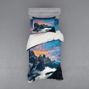 Ambesonne Mountain Duvet Cover Set, Alpine Scenery Foggy Italian Natural Park Vivid Sky Above Clouds Photography, 3 Piece Bedding Set with Sham and Fitted Sheet, Twin Size, Black White Blue