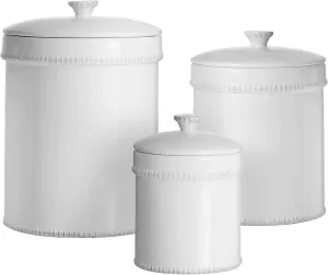 American Atelier Bianca Dash Canister Set 3-Piece Ceramic Jars in 30oz, 70oz and 122oz Chic Design with Lids for Cookies, Candy, Coffee, Flour, Sugar, Rice, Pasta, Cereal & More White