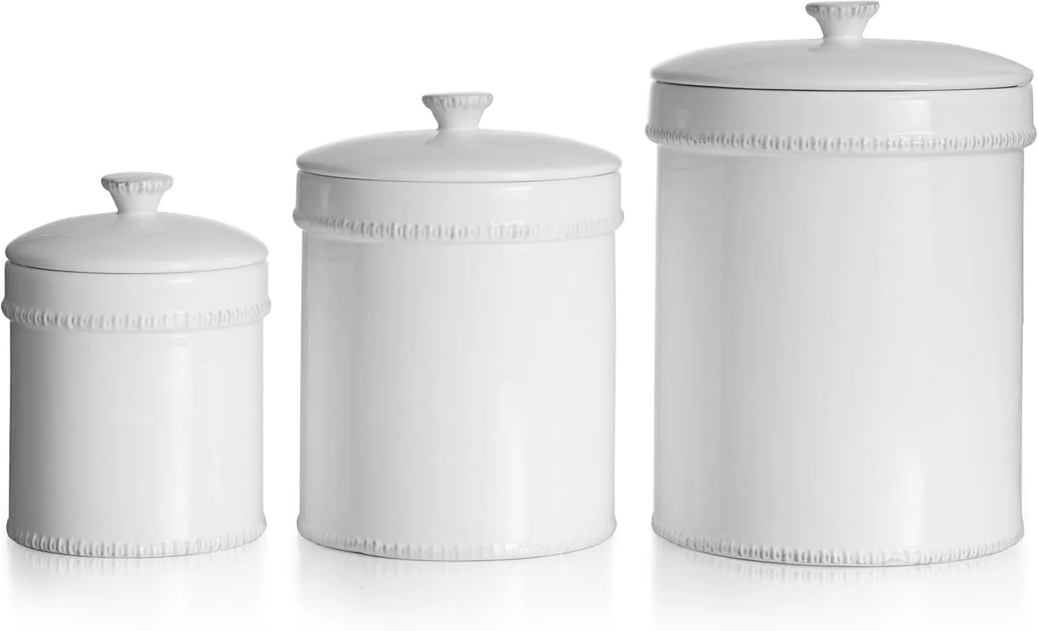 American Atelier Bianca Dash Canister Set 3-Piece Ceramic Jars in 30oz, 70oz and 122oz Chic Design with Lids for Cookies, Candy, Coffee, Flour, Sugar, Rice, Pasta, Cereal & More White