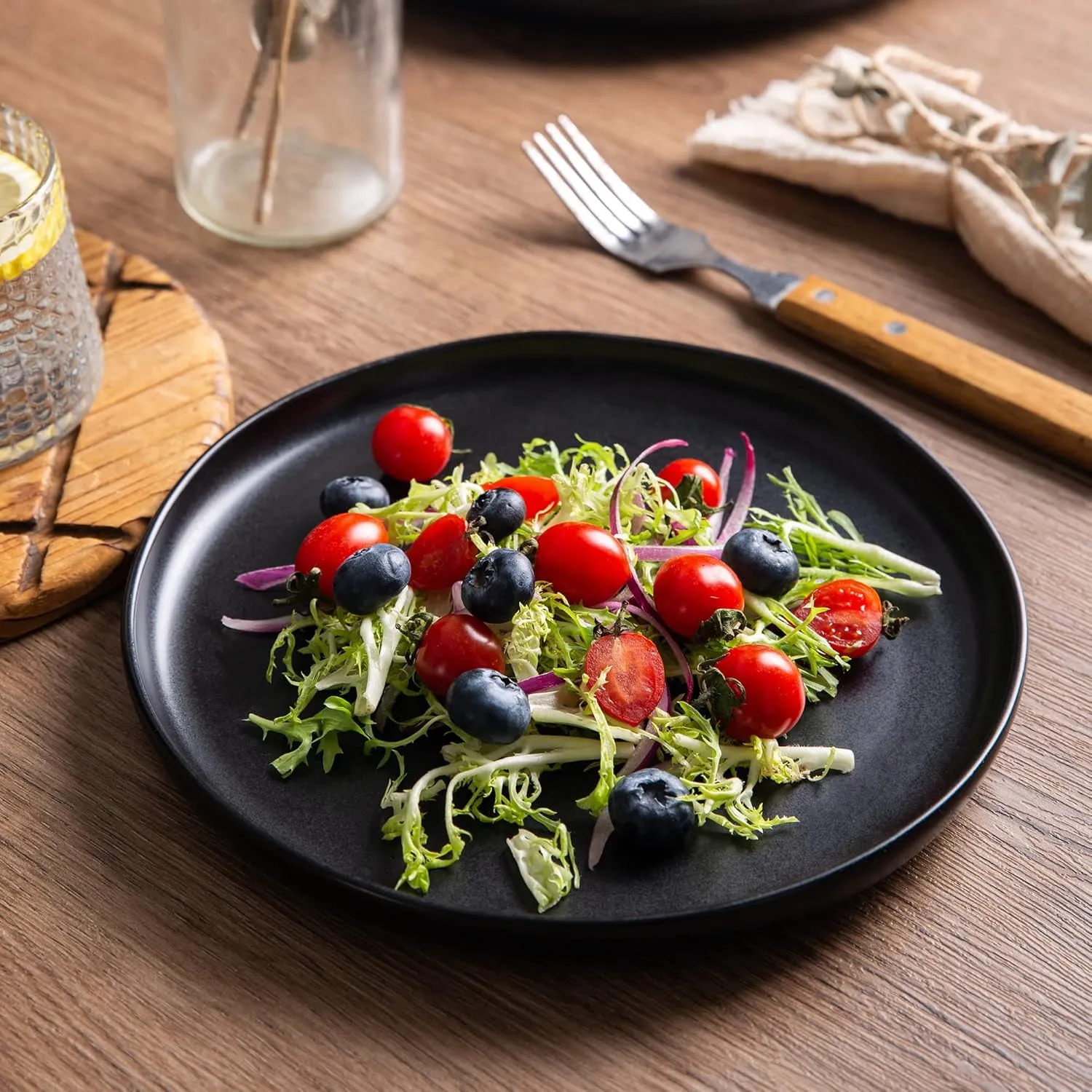 AmorArc Ceramic Dinner Plates Set of 6, Wavy Rim 10.5 Inch Stoneware Dish Set, Large Dinnerware Plates for Kitchen-Microwave&Dishwasher Safe, Scratch Resistant-Reactive Glaze Matte Black