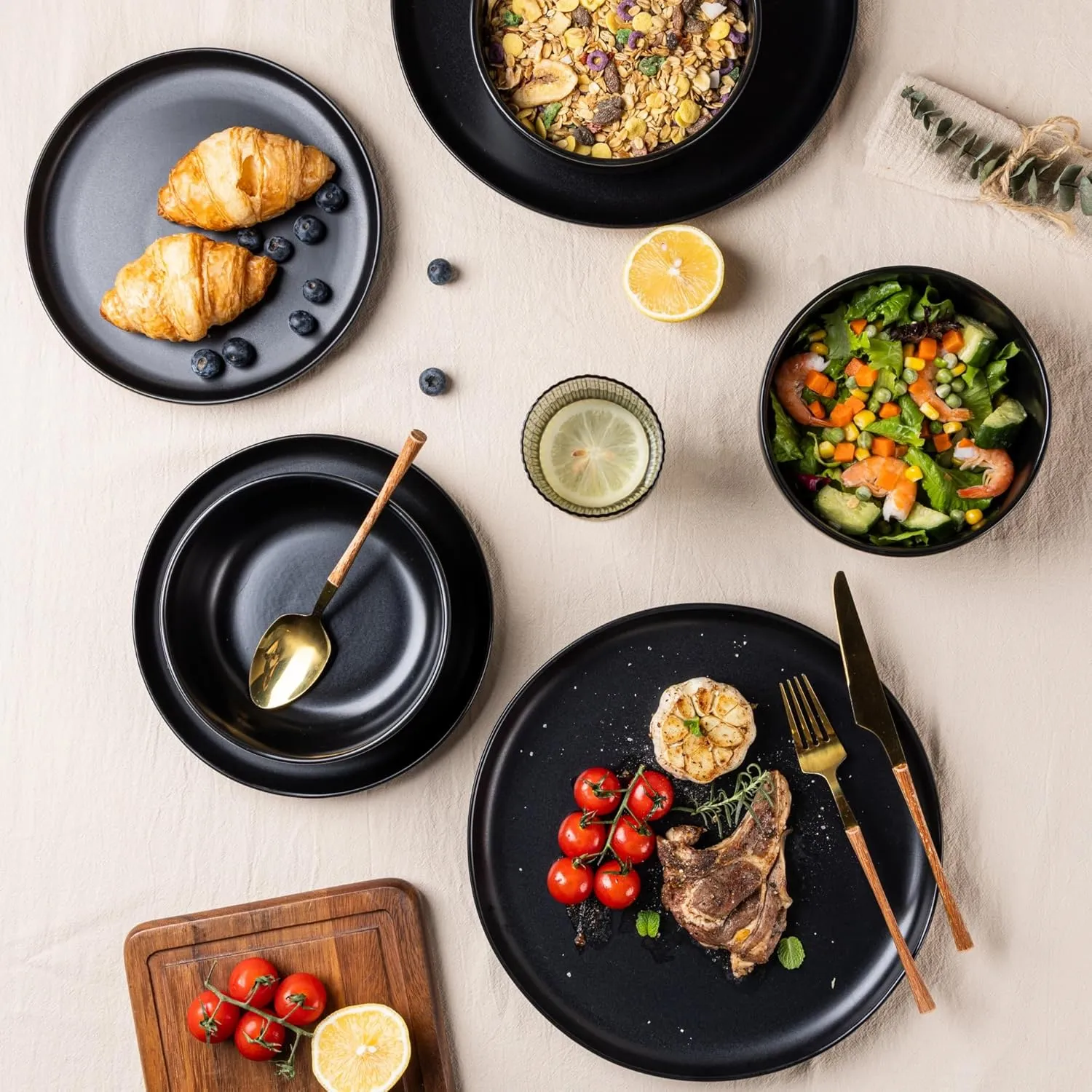 AmorArc Ceramic Dinner Plates Set of 6, Wavy Rim 10.5 Inch Stoneware Dish Set, Large Dinnerware Plates for Kitchen-Microwave&Dishwasher Safe, Scratch Resistant-Reactive Glaze Matte Black