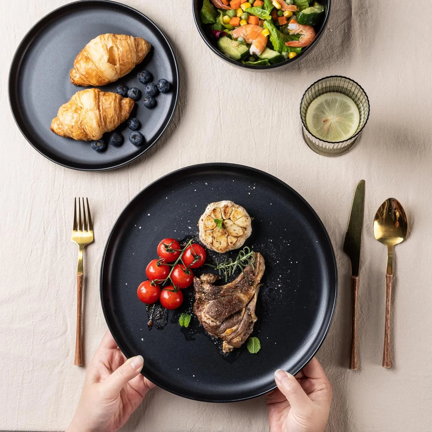 AmorArc Ceramic Dinner Plates Set of 6, Wavy Rim 10.5 Inch Stoneware Dish Set, Large Dinnerware Plates for Kitchen-Microwave&Dishwasher Safe, Scratch Resistant-Reactive Glaze Matte Black