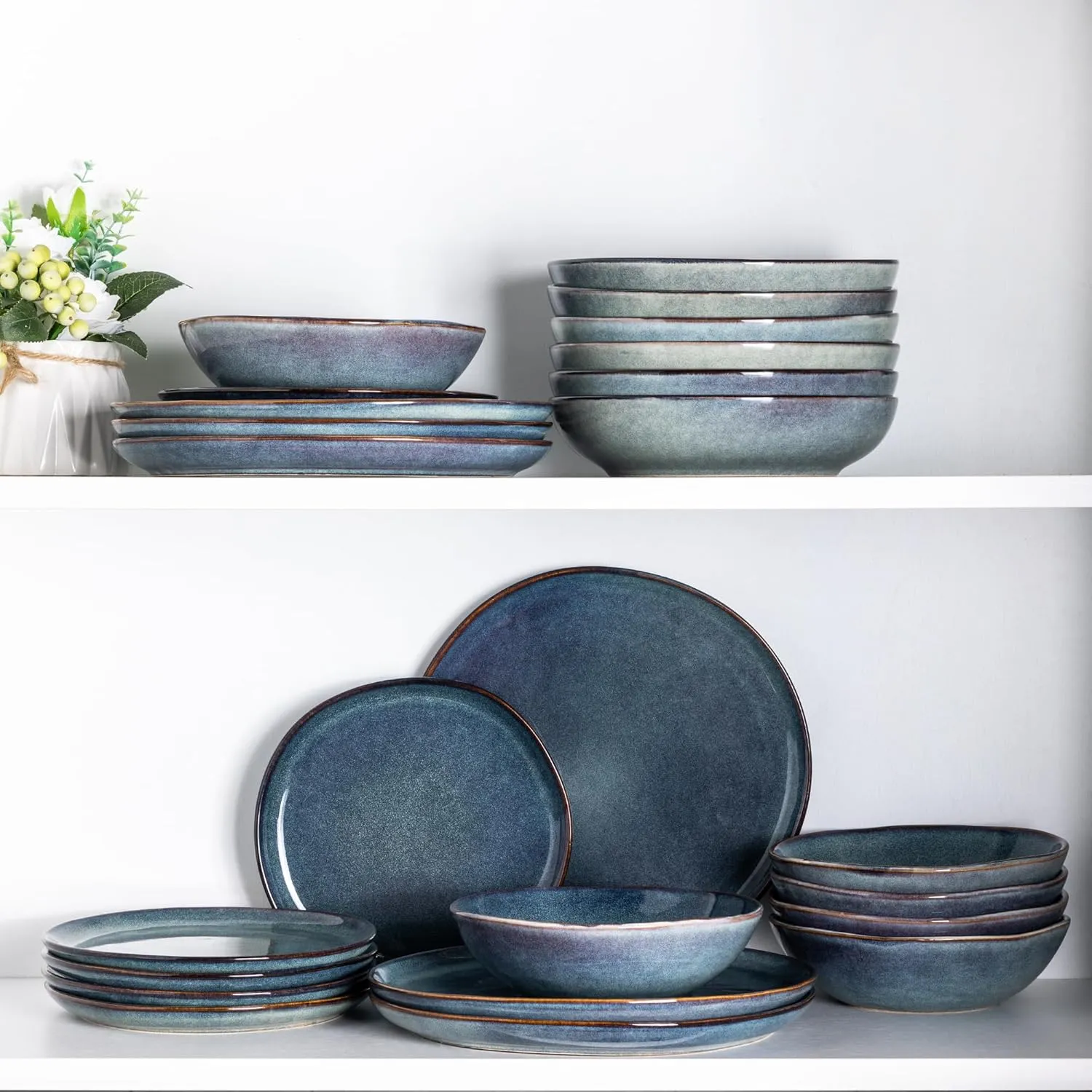 AmorArc Ceramic Dinnerware Sets,Handmade Reactive Glaze Stoneware Plates and Bowls Set,Highly Chip and Crack Resistant | Dishwasher & Microwave Safe,Service for 4 Dishes Set - Reactive Blue(12pc)