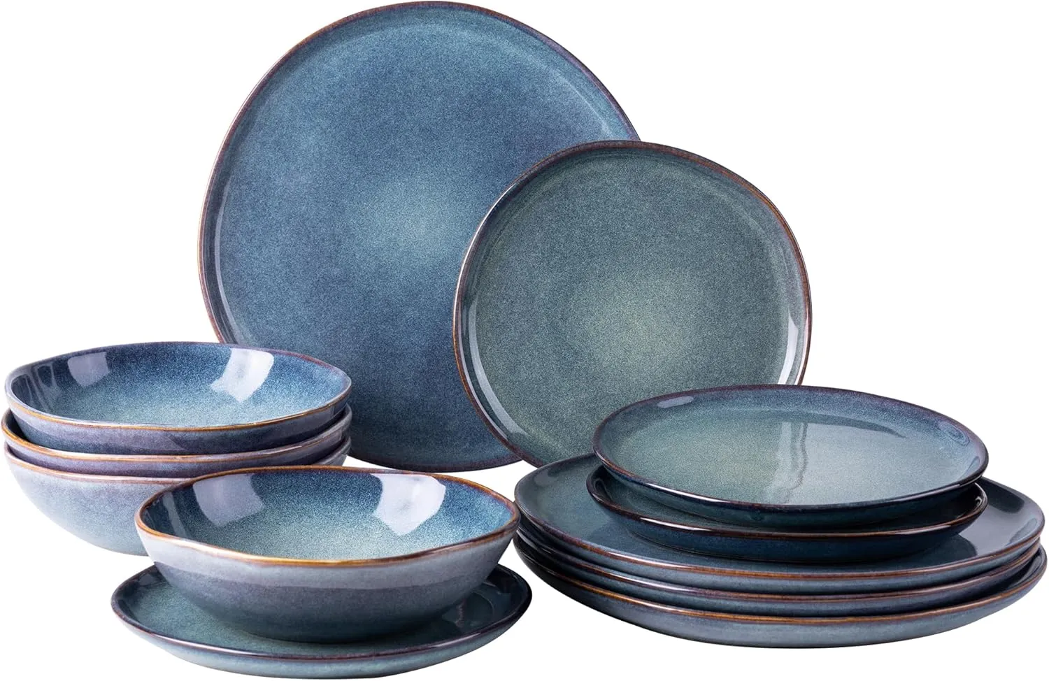 AmorArc Ceramic Dinnerware Sets,Handmade Reactive Glaze Stoneware Plates and Bowls Set,Highly Chip and Crack Resistant | Dishwasher & Microwave Safe,Service for 4 Dishes Set - Reactive Blue(12pc)