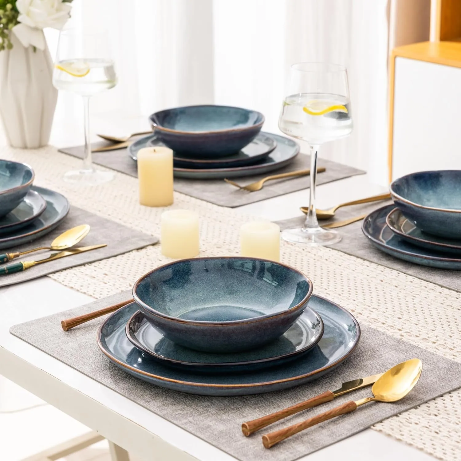 AmorArc Ceramic Dinnerware Sets,Handmade Reactive Glaze Stoneware Plates and Bowls Set,Highly Chip and Crack Resistant | Dishwasher & Microwave Safe,Service for 4 Dishes Set - Reactive Blue(12pc)