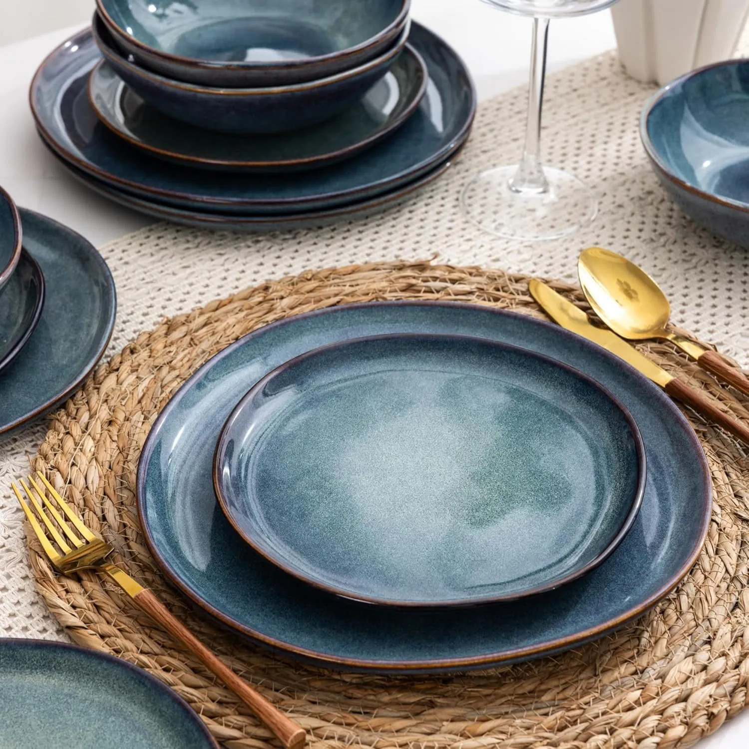 AmorArc Ceramic Dinnerware Sets,Handmade Reactive Glaze Stoneware Plates and Bowls Set,Highly Chip and Crack Resistant | Dishwasher & Microwave Safe,Service for 4 Dishes Set - Reactive Blue(12pc)