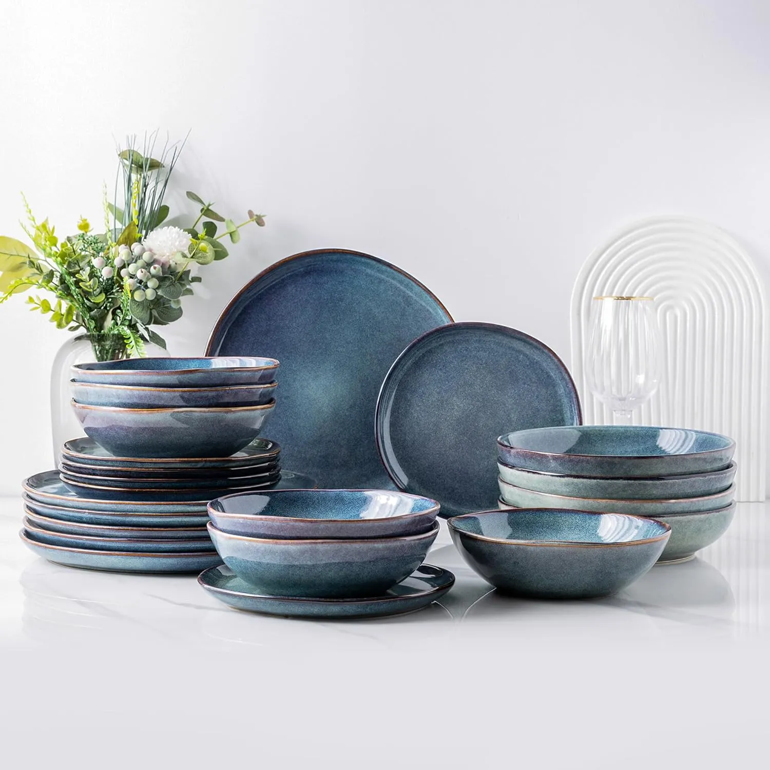 AmorArc Ceramic Dinnerware Sets,Handmade Reactive Glaze Stoneware Plates and Bowls Set,Highly Chip and Crack Resistant | Dishwasher & Microwave Safe,Service for 4 Dishes Set - Reactive Blue(12pc)