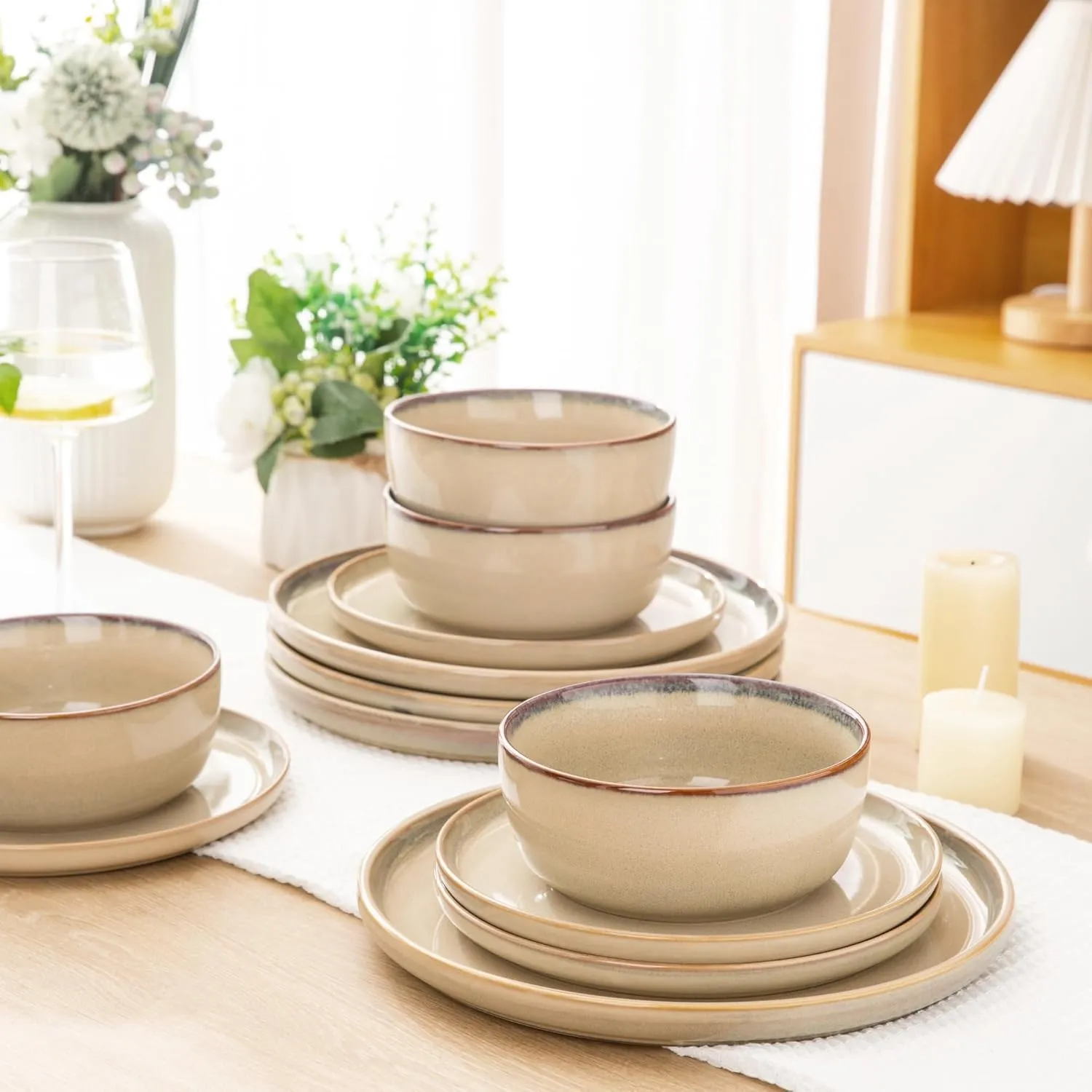 AmorArc Stoneware Dinnerware Sets,Round Reactive Glaze Ceramic Plates and Bowls Sets,Highly Chip and Crack Resistant | Dishwasher & Microwave Safe Dishes,Service for 6 (18pc)