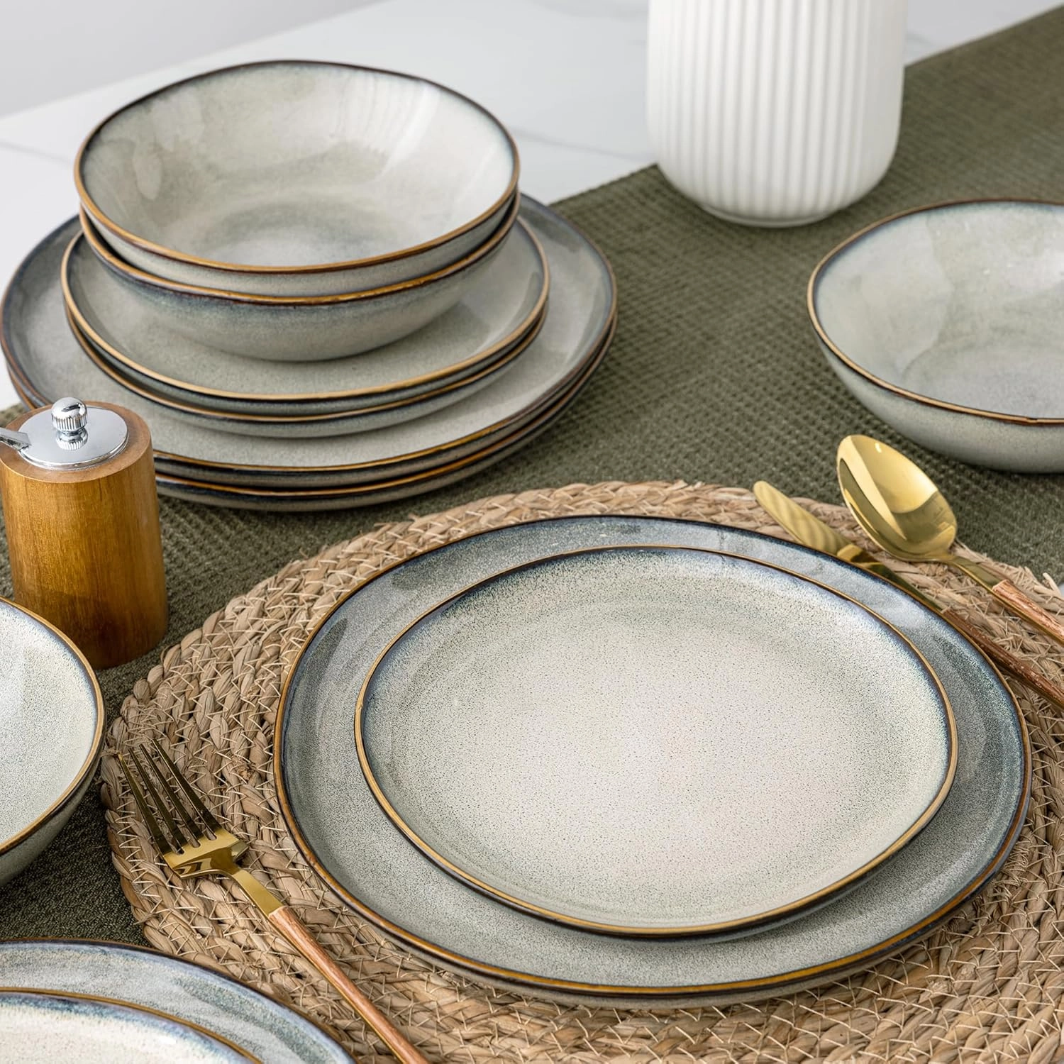 AmorArc Ceramic Dinnerware Sets,Handmade Reactive Glaze Stoneware Plates and Bowls Sets,Highly Chip and Crack Resistant | Dishwasher & Microwave Safe Dishes Set,Service for 4 (12pc)