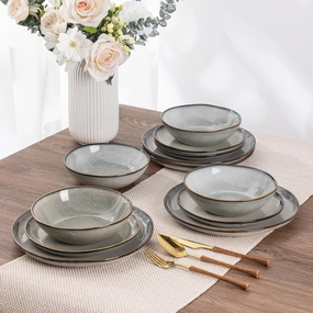 AmorArc Ceramic Dinnerware Sets,Handmade Reactive Glaze Stoneware Plates and Bowls Sets,Highly Chip and Crack Resistant | Dishwasher & Microwave Safe Dishes Set,Service for 4 (12pc)