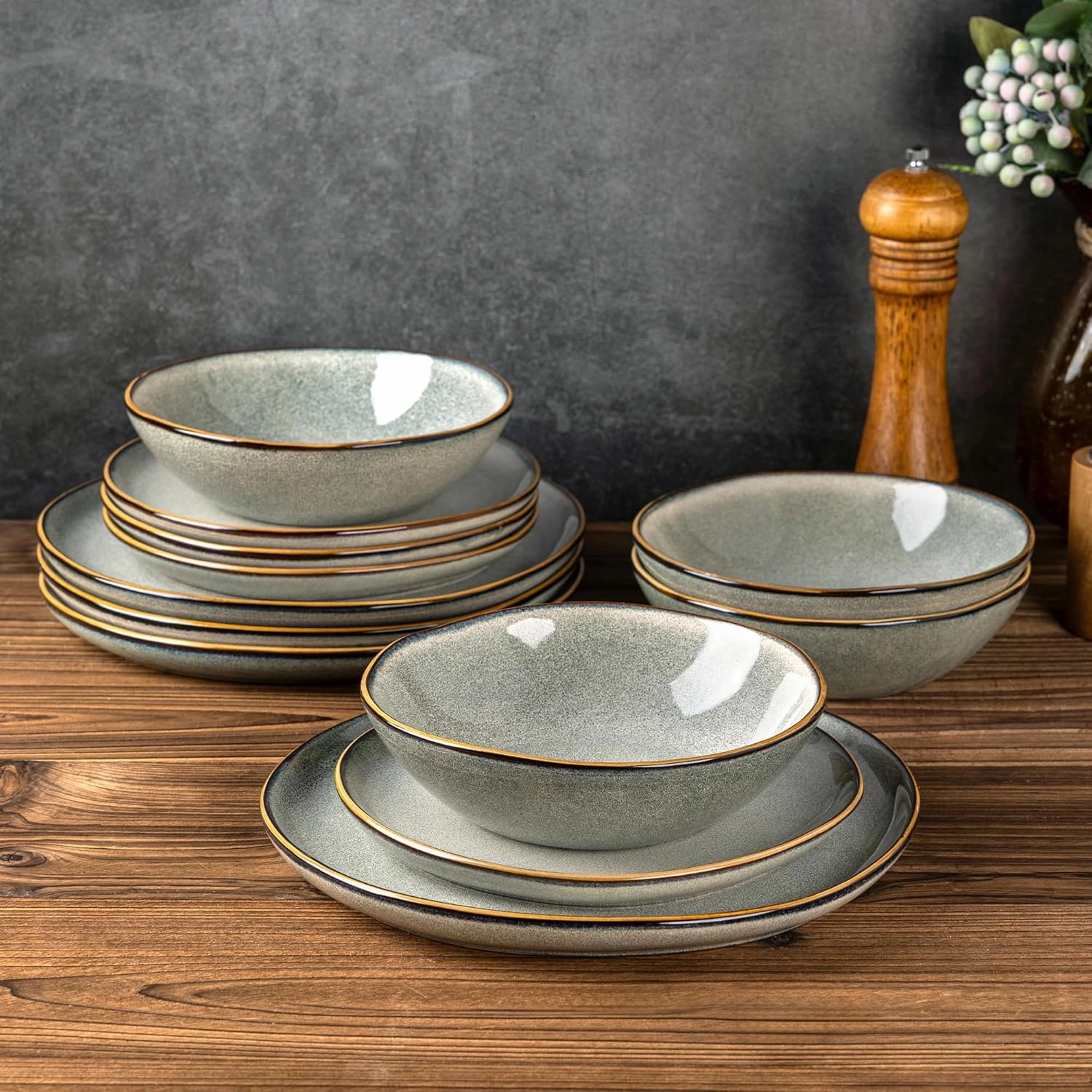 AmorArc Ceramic Dinnerware Sets,Handmade Reactive Glaze Stoneware Plates and Bowls Sets,Highly Chip and Crack Resistant | Dishwasher & Microwave Safe Dishes Set,Service for 4 (12pc)