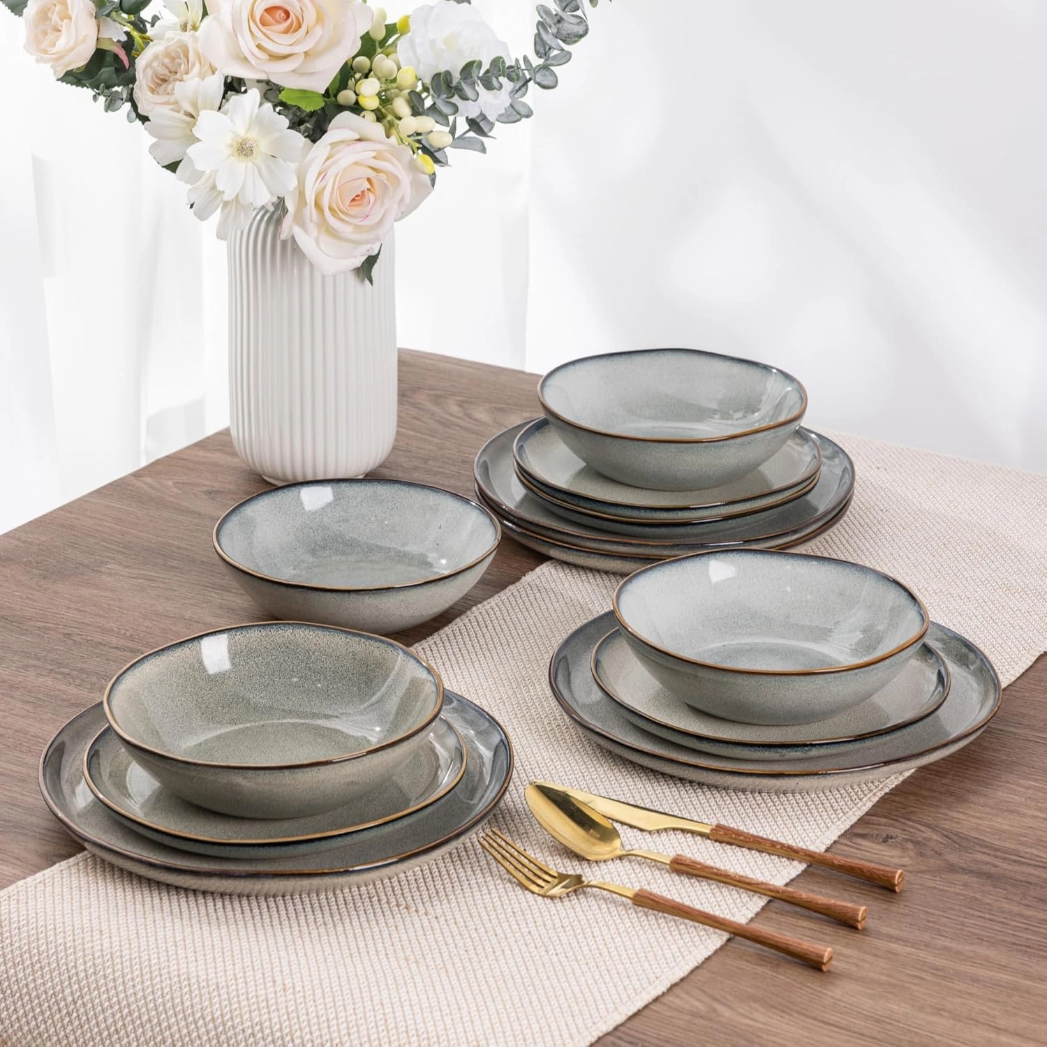 AmorArc Ceramic Dinnerware Sets,Handmade Reactive Glaze Stoneware Plates and Bowls Sets,Highly Chip and Crack Resistant | Dishwasher & Microwave Safe Dishes Set,Service for 4 (12pc)