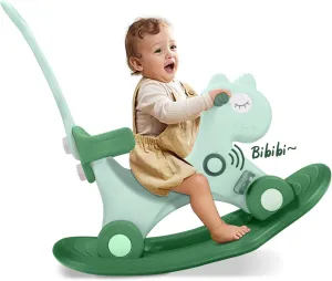 Ancaixin 4 in 1 Rocking Horse for Toddlers 1-3 Years Old, Balance Bike Ride On Toys with Push Handle, Backrest and Balance Board for Baby Girl and Boy, Unicorn Kids Riding Birthday (Green)