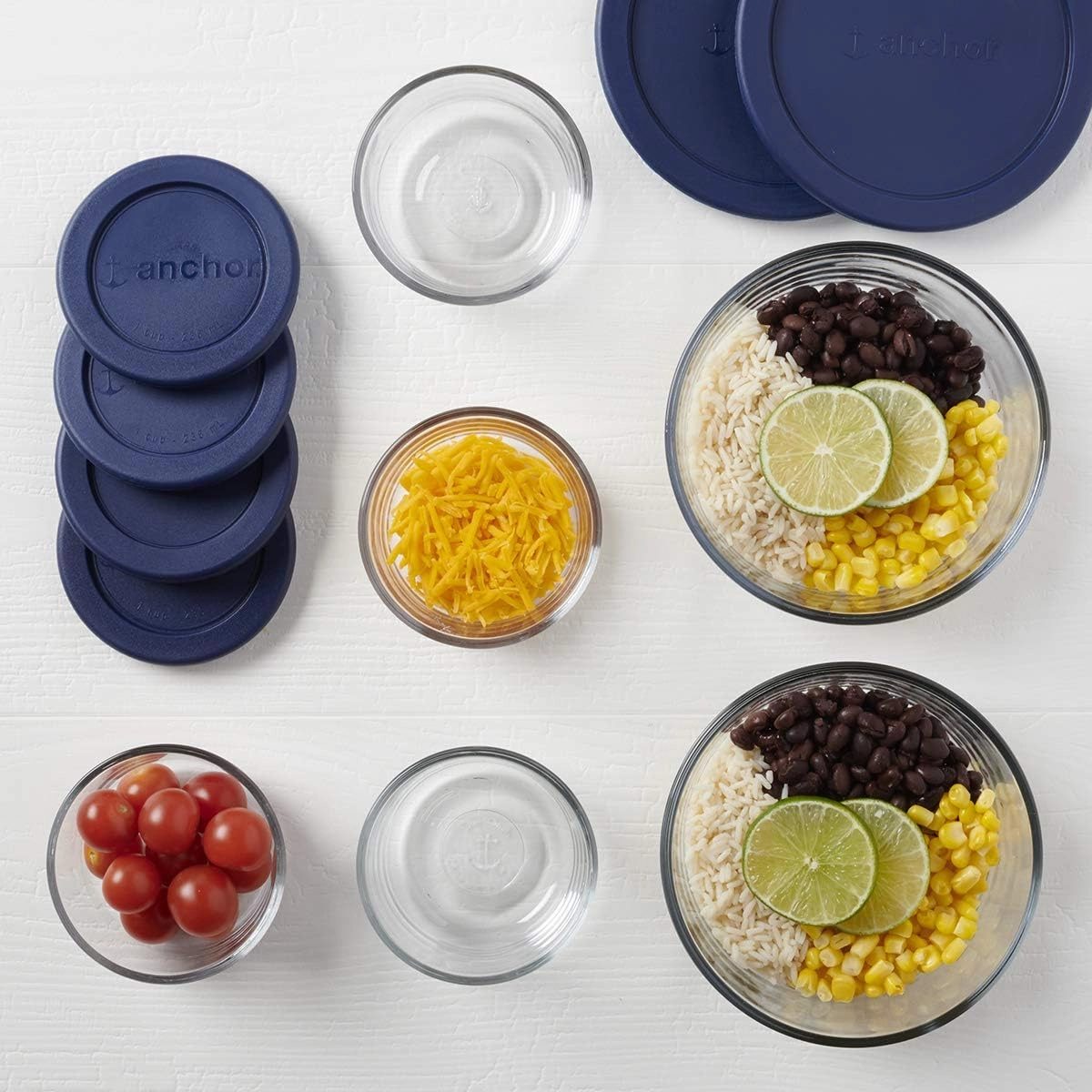 Anchor Hocking 12 Piece Glass Storage Containers with Lids (6 Glass Food Storage Containers & 6 Navy Blue SnugFit Lids)