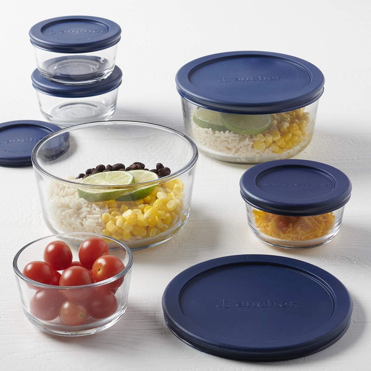 Anchor Hocking 12 Piece Glass Storage Containers with Lids (6 Glass Food Storage Containers & 6 Navy Blue SnugFit Lids)