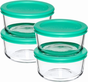 Anchor Hocking 2 Cup Glass Storage Containers with Lids, Set of 4 Glass Food Storage Containers with Mint SnugFit Lids