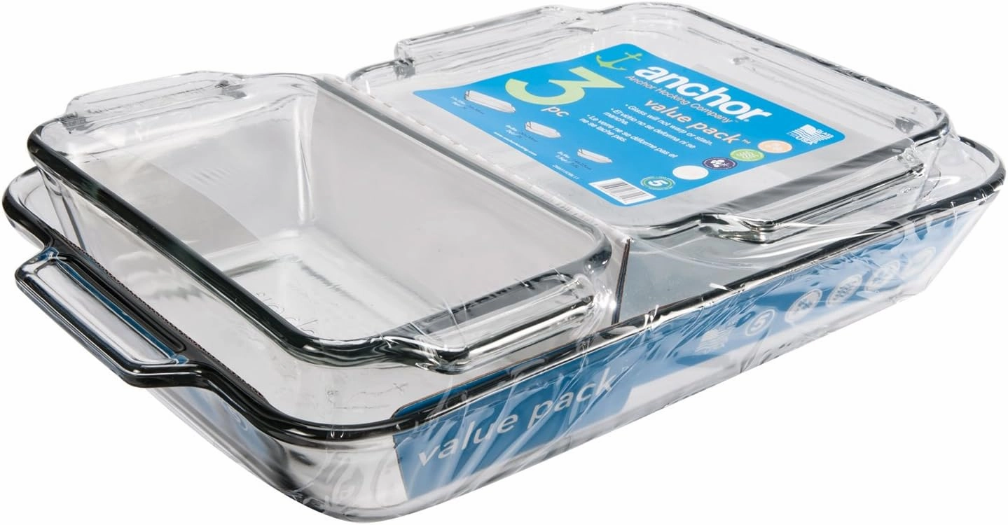 Anchor Hocking Glass Baking Dishes for Oven, 3 Piece Set (3 Qt Glass Casserole Dish, Cake Pan, and Bread Pan)
