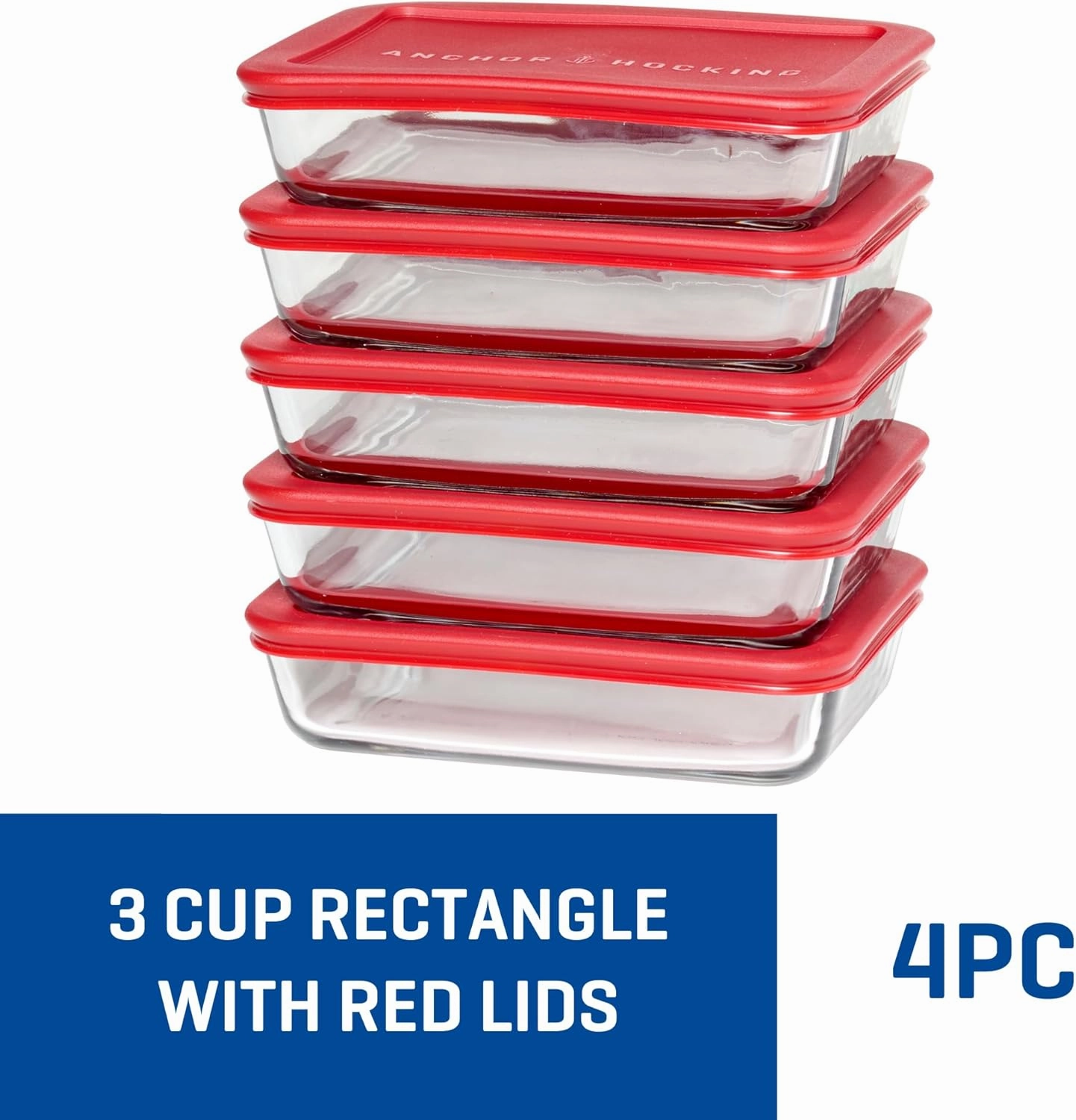 Anchor Hocking SnugFitTM Rectangular Food Storage Containers with Lids (4-Piece, 3-cup, Red, oven-safe)
