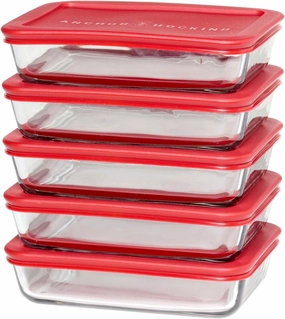 Anchor Hocking SnugFitTM Rectangular Food Storage Containers with Lids (4-Piece, 3-cup, Red, oven-safe)