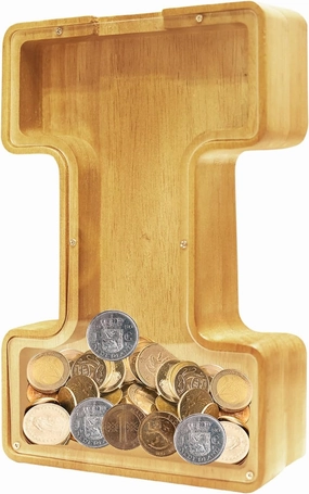 ANOTION 9" Large Piggy Bank for Kids, Wooden Letter Coin Bank for Boys Girls, Personalized Money Saving Bank Gifts for Birthday, Christmas (I)