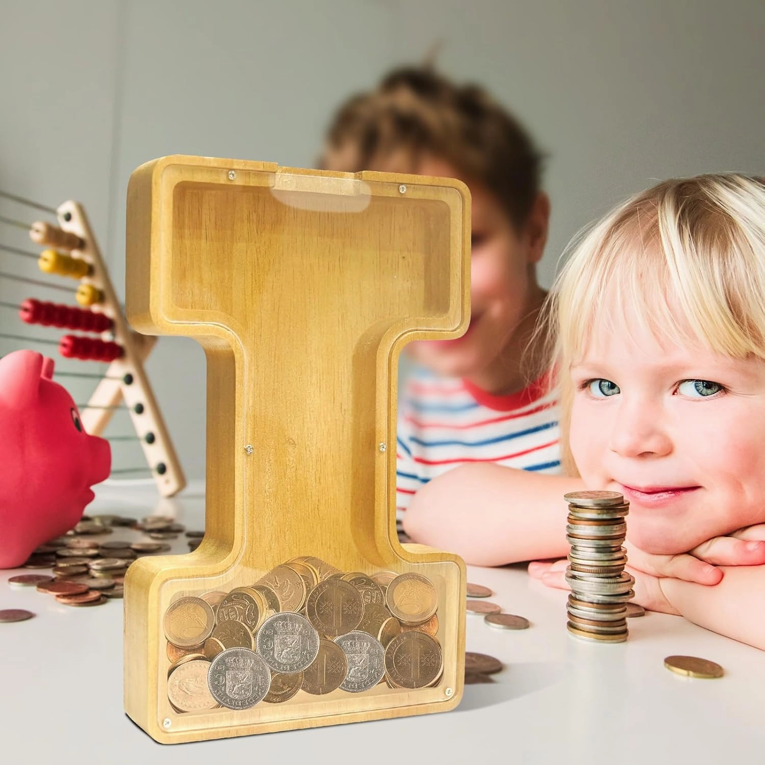 ANOTION 9" Large Piggy Bank for Kids, Wooden Letter Coin Bank for Boys Girls, Personalized Money Saving Bank Gifts for Birthday, Christmas (I)