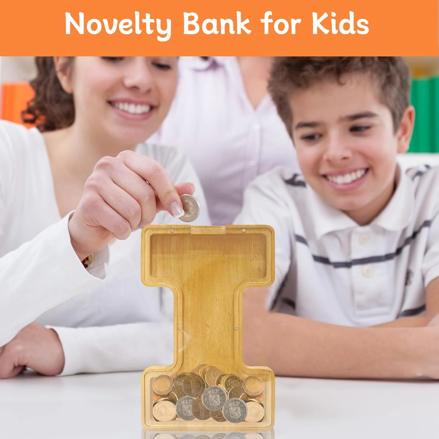 ANOTION 9" Large Piggy Bank for Kids, Wooden Letter Coin Bank for Boys Girls, Personalized Money Saving Bank Gifts for Birthday, Christmas (I)