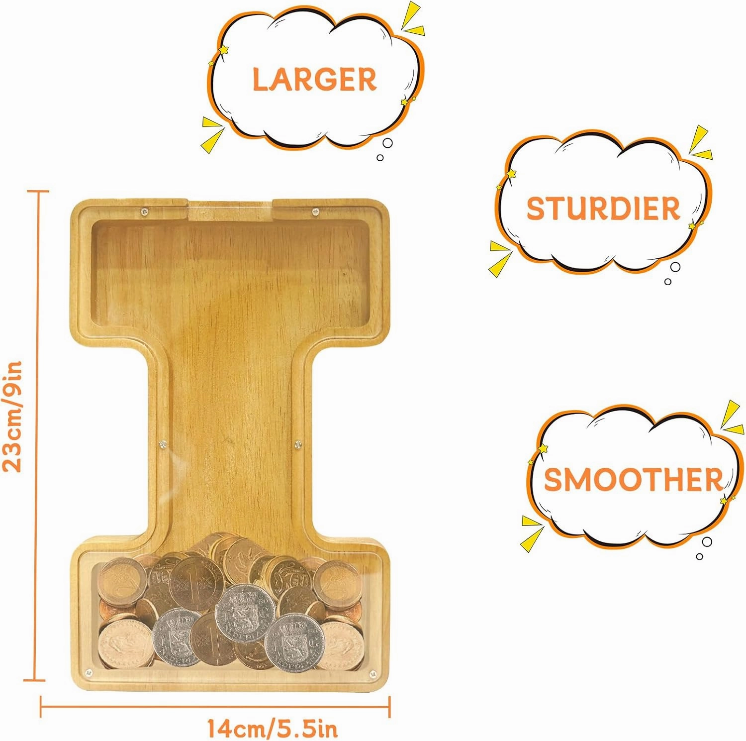 ANOTION 9" Large Piggy Bank for Kids, Wooden Letter Coin Bank for Boys Girls, Personalized Money Saving Bank Gifts for Birthday, Christmas (I)