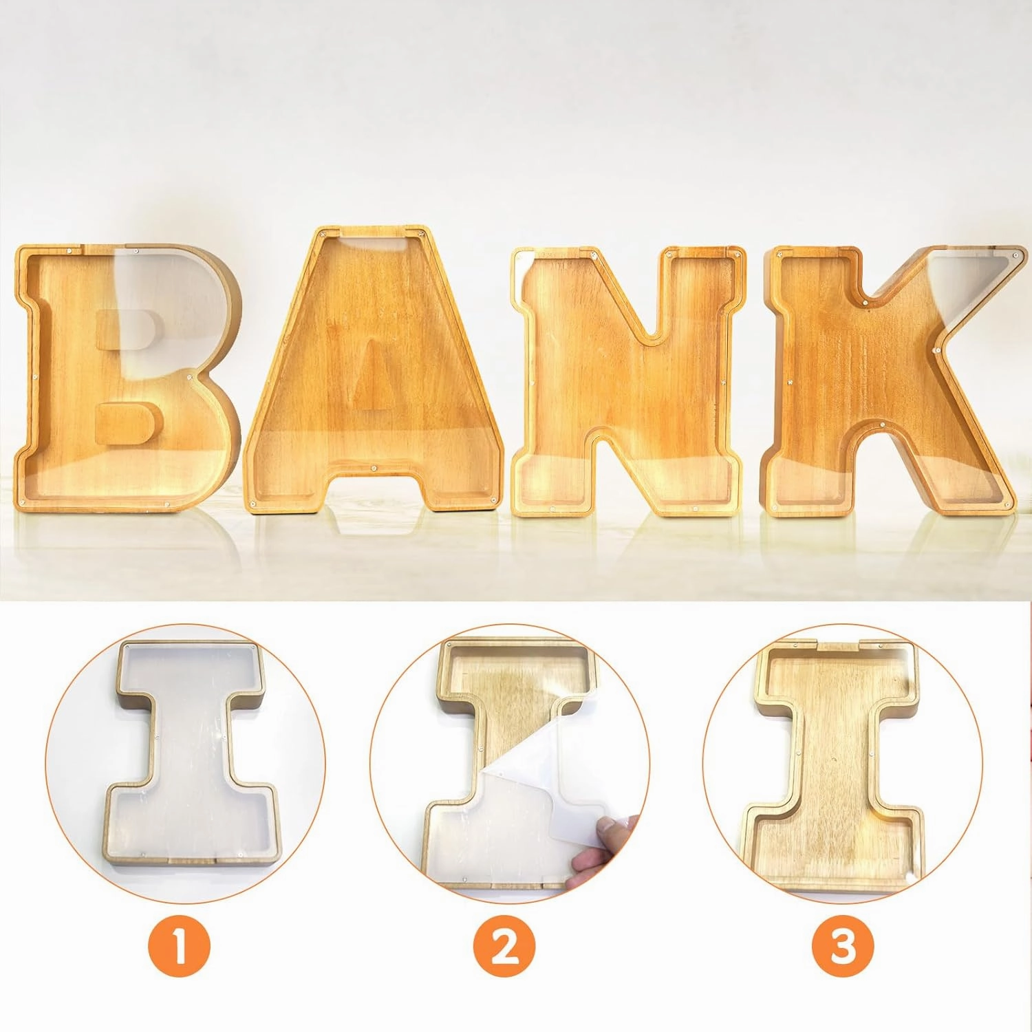ANOTION 9" Large Piggy Bank for Kids, Wooden Letter Coin Bank for Boys Girls, Personalized Money Saving Bank Gifts for Birthday, Christmas (I)