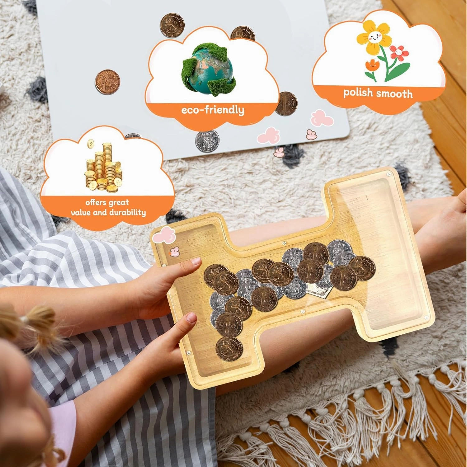 ANOTION 9" Large Piggy Bank for Kids, Wooden Letter Coin Bank for Boys Girls, Personalized Money Saving Bank Gifts for Birthday, Christmas (I)