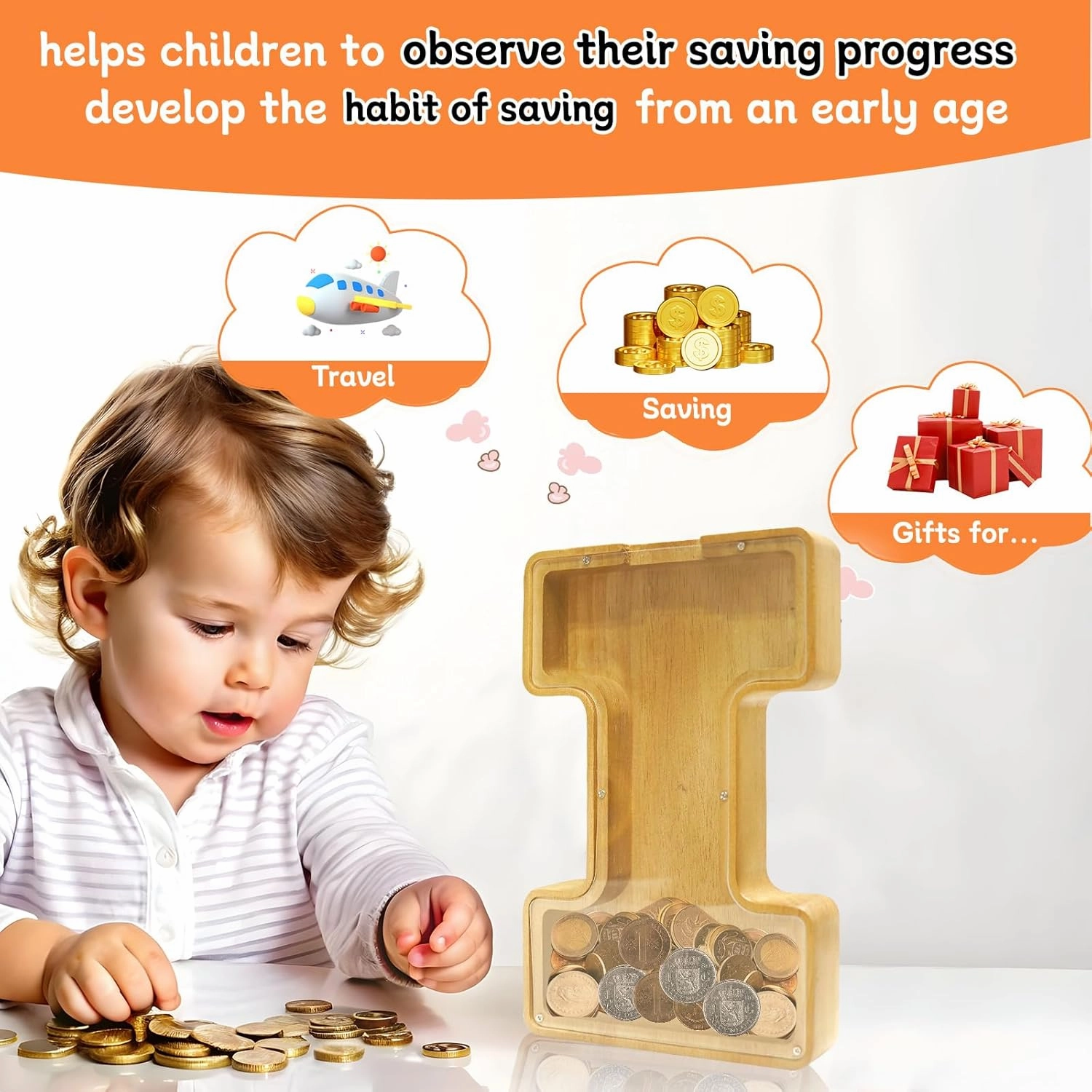 ANOTION 9" Large Piggy Bank for Kids, Wooden Letter Coin Bank for Boys Girls, Personalized Money Saving Bank Gifts for Birthday, Christmas (I)
