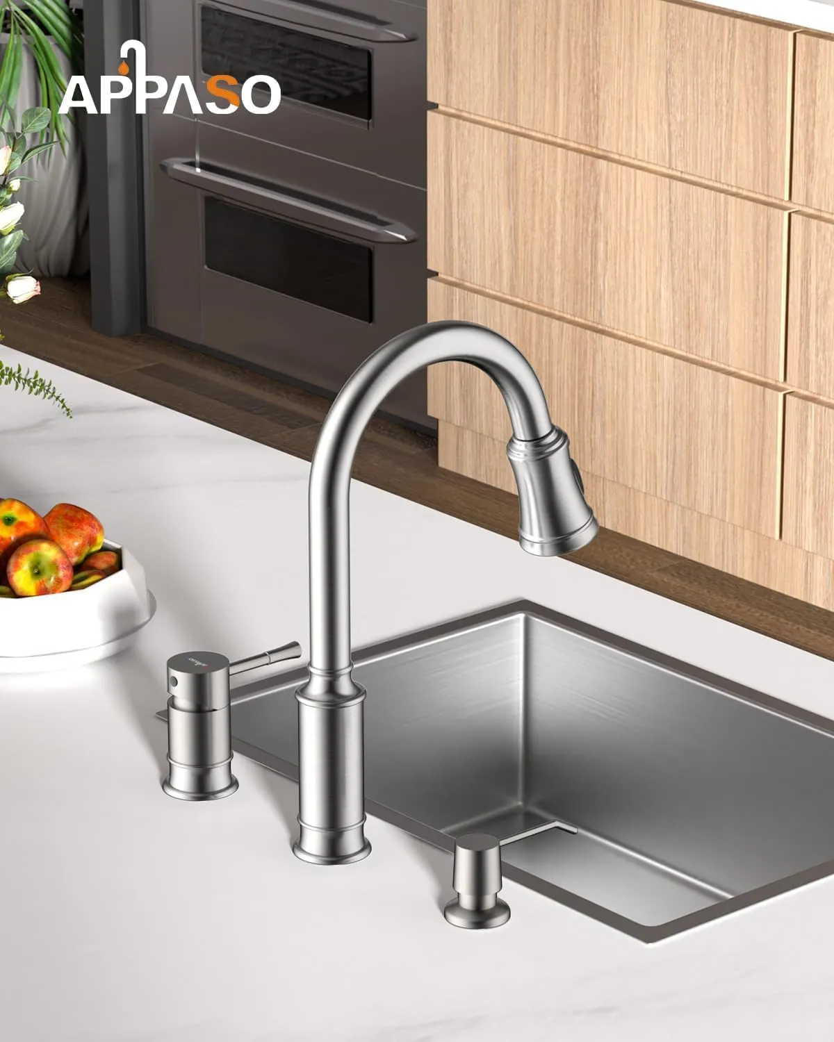 APPASO Kitchen Faucet with Soap Dispenser, 3 Hole Kitchen Faucet with Pull Down Sprayer, Stainless Steel Brushed Nickel Faucet for Kitchen Sink, High Arch Single Handle Kitchen Sink Faucet for Laundry