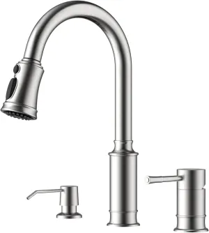 APPASO Kitchen Faucet with Soap Dispenser, 3 Hole Kitchen Faucet with Pull Down Sprayer, Stainless Steel Brushed Nickel Faucet for Kitchen Sink, High Arch Single Handle Kitchen Sink Faucet for Laundry