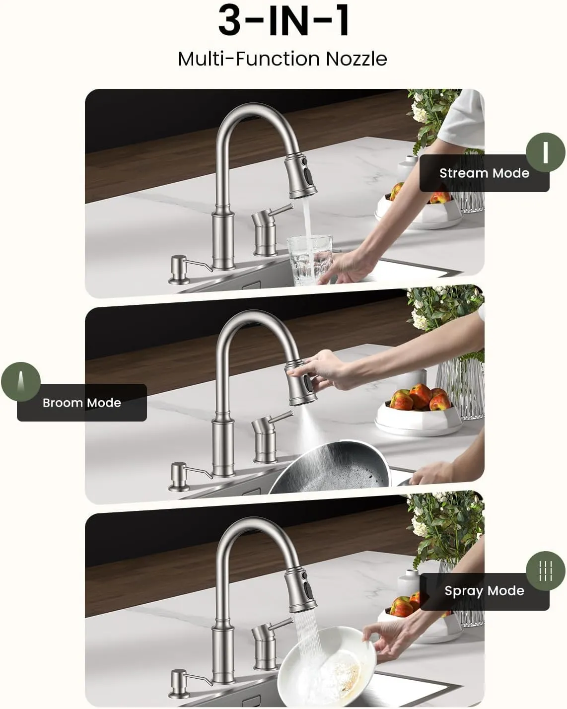 APPASO Kitchen Faucet with Soap Dispenser, 3 Hole Kitchen Faucet with Pull Down Sprayer, Stainless Steel Brushed Nickel Faucet for Kitchen Sink, High Arch Single Handle Kitchen Sink Faucet for Laundry