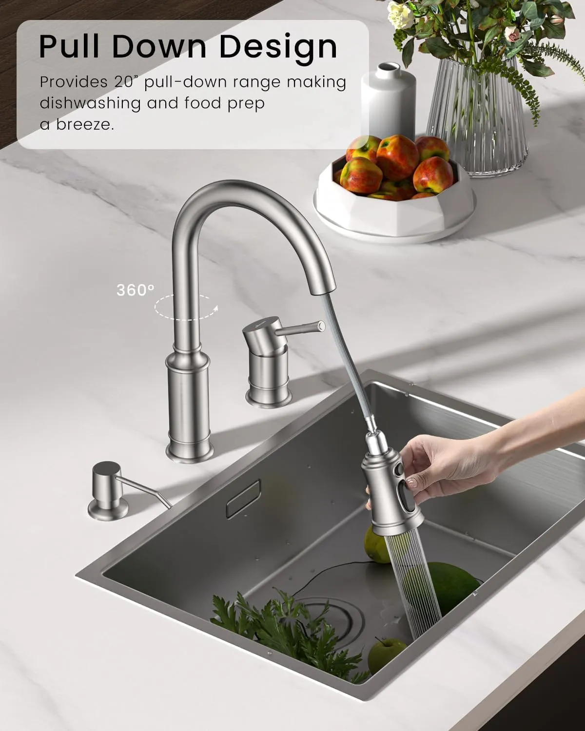 APPASO Kitchen Faucet with Soap Dispenser, 3 Hole Kitchen Faucet with Pull Down Sprayer, Stainless Steel Brushed Nickel Faucet for Kitchen Sink, High Arch Single Handle Kitchen Sink Faucet for Laundry
