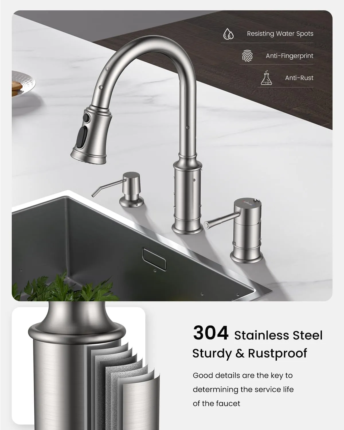 APPASO Kitchen Faucet with Soap Dispenser, 3 Hole Kitchen Faucet with Pull Down Sprayer, Stainless Steel Brushed Nickel Faucet for Kitchen Sink, High Arch Single Handle Kitchen Sink Faucet for Laundry